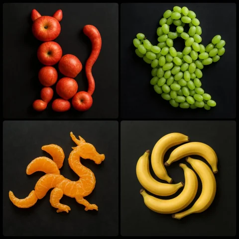 Fruit Shapes — Nano Banana 2 AI Prompt: Create an image by arranging [NUMBER/AGGREGATE] of [FRUIT] strategically on a da...