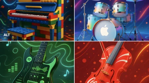 Brand Instruments — Nano Banana 2 AI Prompt: A highly stylized and vibrant promotional image of a [INSTRUMENT] designed in th...