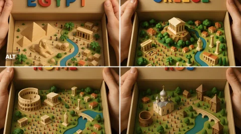 History in a Toy Box — Nano Banana 2 AI Prompt: An ultra-realistic top-down photograph of a 3D-printed diorama inside a beige ca...