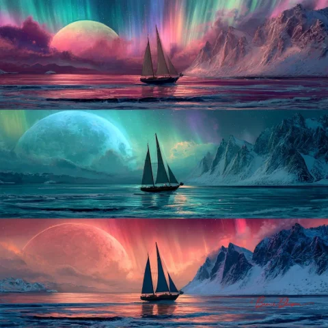 Three Fantasy Sails at Sea — Nano Banana 2 AI Prompt: Three different fantasy sailboats in the ocean, multiple scenes of beautiful aur...