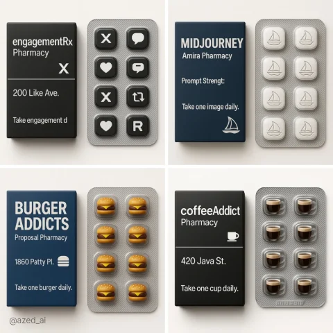 Pharmaceutical Style Merch — Nano Banana 2 AI Prompt: A square-format digital photograph showing a fictional pharmaceutical-style prod...