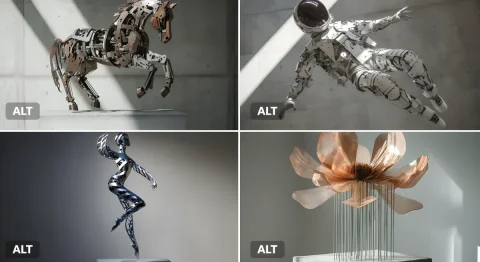 Dynamic Sculpture — Nano Banana 2 AI Prompt: A kinetic sculpture of a [subject], made of interlocking metal rods and panels i...