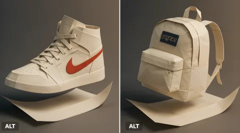 Brand Flat Paper Style — Nano Banana 2 AI Prompt: A flat branded paper folds itself into the full 3D shape of a [Air Jordan 1 shoe...