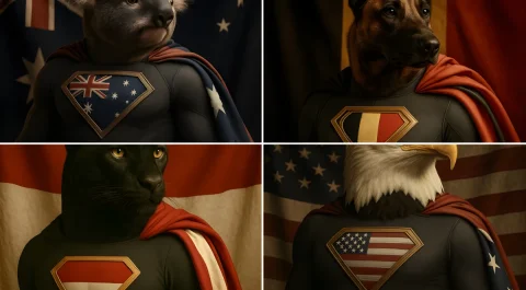 Super Animal Heroes — Nano Banana 2 AI Prompt: A hyper-realistic square 1:1 portrait of a [YOUR ANIMAL] standing in a heroic po...