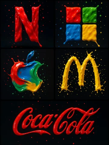 Logo Liquefaction — Nano Banana 2 AI Prompt: Create a photograph of a [BRAND] logo formed from four vibrant paint splashes: r...