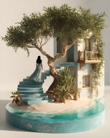 3D Hyper-Realistic Scene Model — Nano Banana 2 AI Prompt: 3d hyperrealistic model-scenery of a long-haired woman wearing a flowing maxi dr...