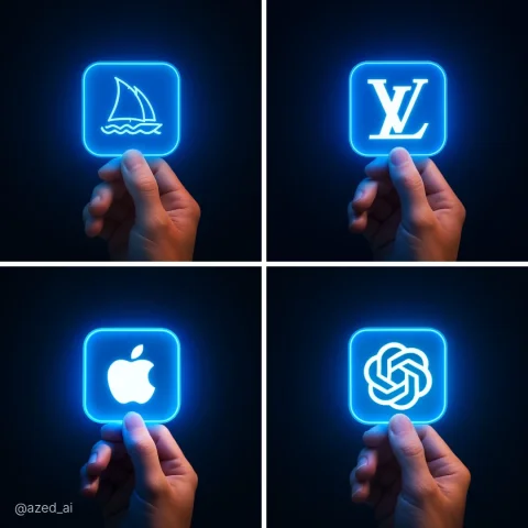 Glowing Icons — Nano Banana 2 AI Prompt: A close-up digital photo of a human hand gently holding a glowing neon blue squa...