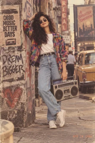 Boombox State of Mind — GPT Image AI Prompt: Turn this photo into a retro 1980s street style photograph. Style the subject in...