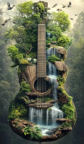 Nature-Inspired Guitar Illustration — Midjourney v6 AI Prompt: A guitar featuring nature elements such as trees, waterfalls, and birds. The bac...