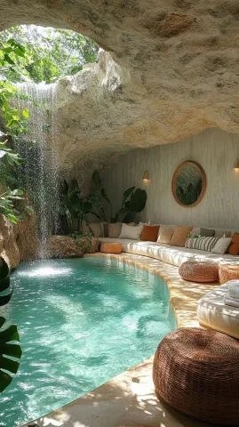 Cave Resort with Waterfalls — Midjourney v6 AI Prompt: A hidden cave resort with waterfalls, tropical plants, and an outdoor bar overlo...