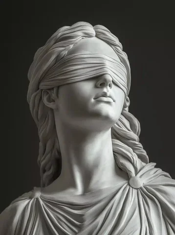 Grayscale Justicia Sculpture Photography — Midjourney v6 AI Prompt: A grayscale sculpture of justicia, long hair, the Greek mythological female god...