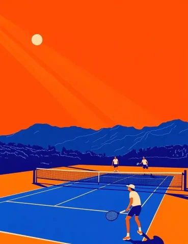 Vector Pickleball Players Illustration — Midjourney v6 AI Prompt: A flat illustration of pickleball players playing on the court, in the style of...