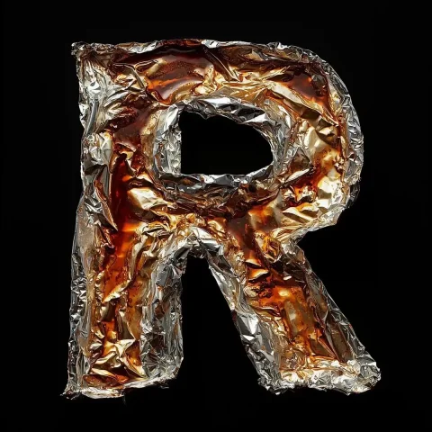 Burnt Foil with R — Midjourney v6 AI Prompt: semi crumpled and burnt and dirty sheet of aluminum foil partiallly cover with b...
