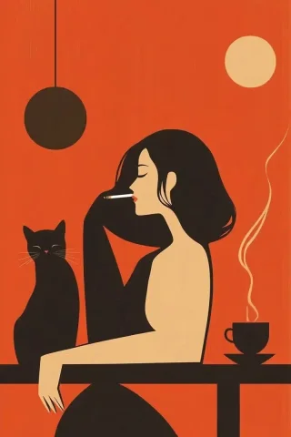 Minimalist Woman with Cat — Midjourney v6 AI Prompt: minimalist flat design illustration, a woman with a cigarette and an esspresso,...