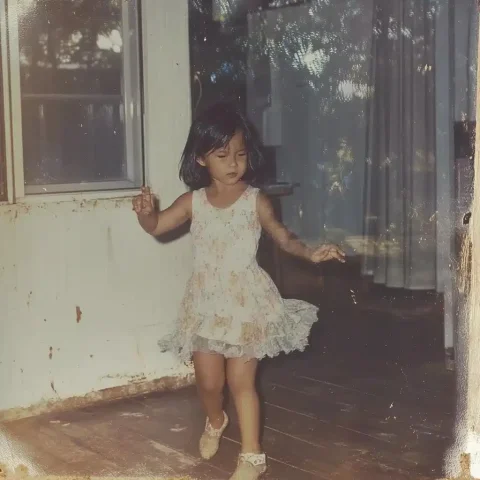 Vintage Photo of Dancing Girl — Midjourney v6 AI Prompt: a five-year-old girl, dark hair, trying to dance, a color photo from 38 years ag...