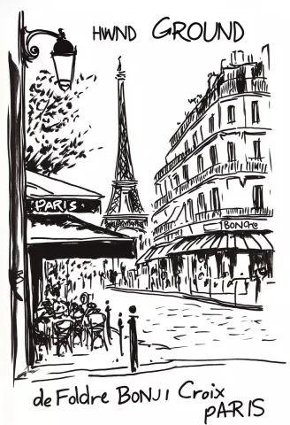 Matisses Caf in Paris — Midjourney v6 AI Prompt: a simple drawing of the "C购房HWNDGROUND de Foldre" cafe in Paris with an Eiffel...