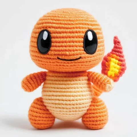 Kawaii Crochet Charmander Plushie — Midjourney v6 AI Prompt: A crochet Charmander plushie in pastel orange yarn with a tiny flame made of sof...