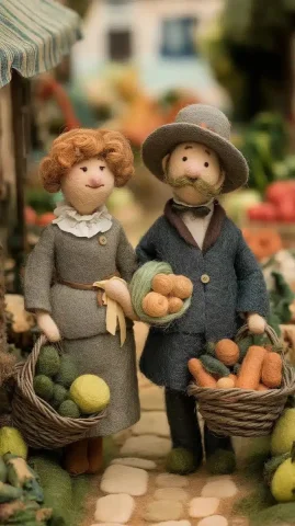 Felt Market Exploration — Midjourney v6 AI Prompt: Mr. and Mrs. Adams meander through the market, selecting the finest felt ingredi...