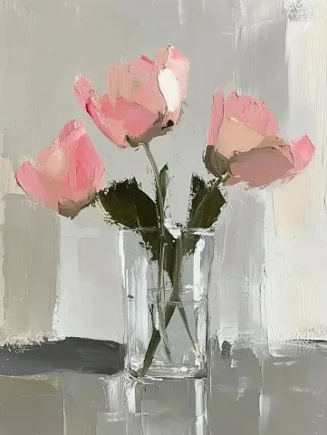 Cottagecore Oil Flowers Vase — Midjourney v6 AI Prompt: A simple oil painting of pink flowers in a glass vase, with a grey background, i...