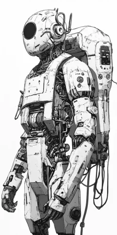 Detailed Line Art Robot — Midjourney v6 AI Prompt: b&w art, line art, black and white art, sci-fi setting, adaptable utility robot,...