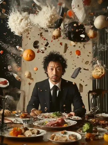 Floating Dinner Table Scene — Midjourney v6 AI Prompt: A dinner table disassembled in front of a japanese man in suit during he enjoy t...