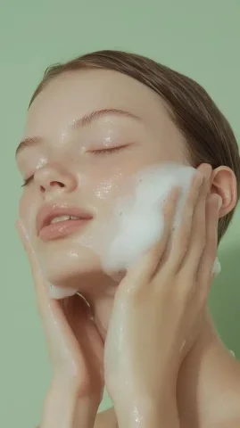 European Woman Washing Face — Midjourney v6 AI Prompt: A young European woman is washing her face with foam. The light green wall backg...