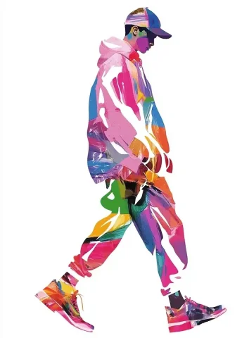 Colorful Streetwear Illustration — Midjourney v6 AI Prompt: A fashion illustration of an Asian man in colorful streetwear, with his silhouet...