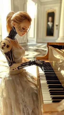 Hyper-Realistic Cyborg Pianist — Midjourney v6 AI Prompt: The hyper-realistic, female cyborg, bright fashion makeup, playing on futuristic...