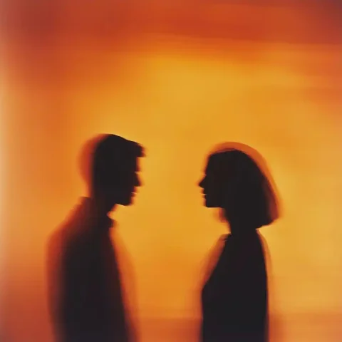 Blurred Couple with Gradient — Midjourney v6 AI Prompt: A blurred photograph of two people in the foreground, a man and a woman facing e...
