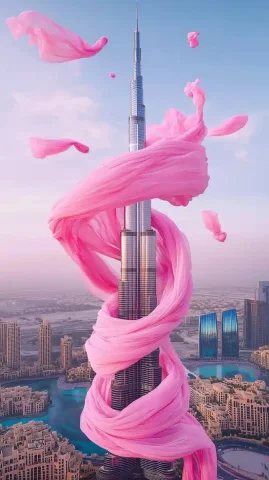 Burj Khalifa with Organza Ribbons — Midjourney v6 AI Prompt: An aerial photo of the Burj Khalifa with flying pink ribbons and bows made of or...