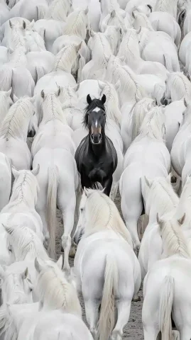 Overhead Herd of Horses — Midjourney v6 AI Prompt: massive herd of white horses, with a single black horse standing out in the cent...