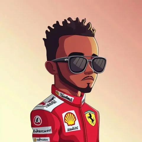 Cartoon Lewis Hamilton Portrait — Midjourney v6 AI Prompt: a flat 2d cartoon drawing of an animated character looking exactly like Lewis Ha...