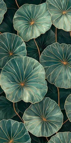 Elegant Leaf Pattern Design — Midjourney v6 AI Prompt: A pattern of large, green leaves with thin golden outlines on their edges, creat...