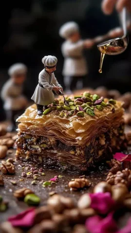 Miniature Bakers with Baklava — Midjourney v6 AI Prompt: A group of tiny bakers preparing a freshly baked baklava. One chef stands on a s...