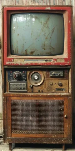 Retro Television with Cabinet — Midjourney v6 AI Prompt: A large screen retro television set with an old-fashioned wooden cabinet and met...