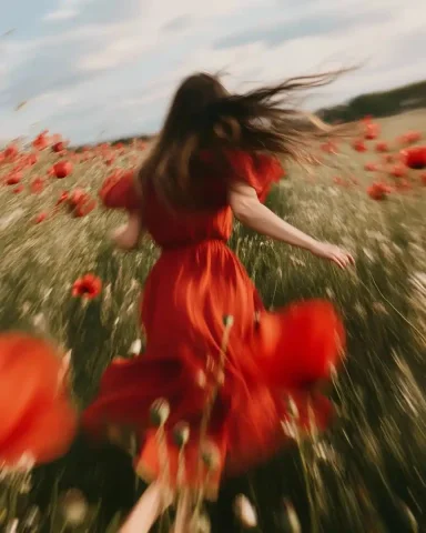 Blurry Girl in Poppies — Midjourney v6 AI Prompt: A girl in a red dress running through a field of poppies, a blurry photo with mo...