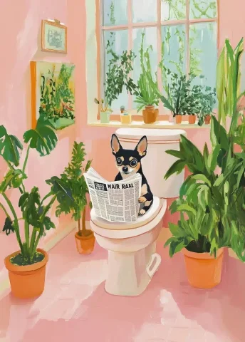 Chihuahua on Toilet Gouache — Midjourney v6 AI Prompt: A cute chihuahua sitting on the open toilet reading a newspaper, in the style of...