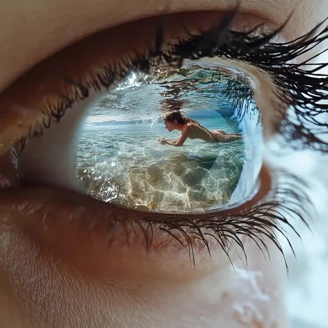 Surreal Eye with Beach Reflection — Midjourney v6 AI Prompt: A photo of an open eye with the reflection of water and a beach in it. Inside th...