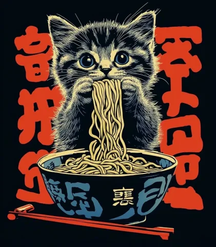 Silkscreen Kitten with Ramen — Midjourney v6 AI Prompt: Isolated for dark tshirt layout: Andy Warhol silkscreen of a tall kitten, eating...