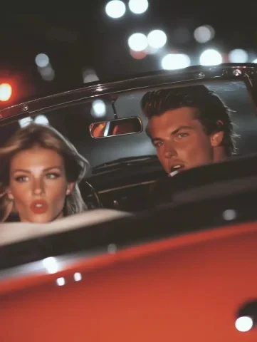Couple in MG Roadster — Midjourney v6 AI Prompt: Photo of a young couple in a red MG B roadster fleeing away from police, it's sh...