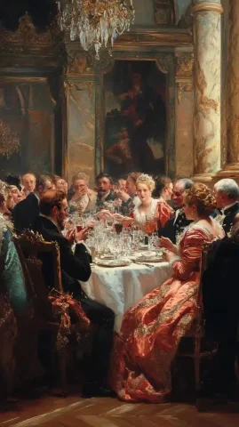 Aristocrats in Banquet Hall — Midjourney v6 AI Prompt: A grand banquet hall filled with lively German aristocrats in fine clothing, lau...