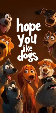 Pixar Dogs with Text — Midjourney v6 AI Prompt: The words "I hope you like dogs" written in white, surrounded by cartoon dogs in...