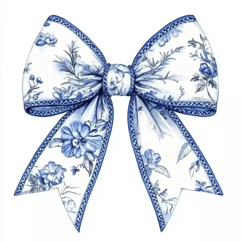 Watercolor Bow with Chinoiserie Print — Midjourney v6 AI Prompt: watercolor bow with blue Toile Bouje Chinoiserie print, blue baseball stitches,...