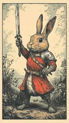 Medieval Knight Rabbit Woodcut — Midjourney v6 AI Prompt: A medieval woodcut of a Rabbit as a medieval knight raising a sword high in the...
