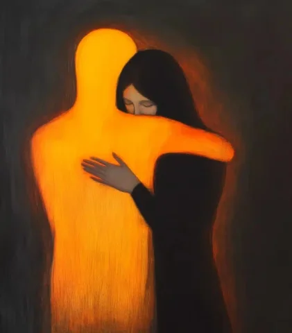 Minimalist Woman Embracing Orange Figure — Midjourney v6 AI Prompt: Oil painting Oil painting Painting of woman hugs an illuminated orange man figur...