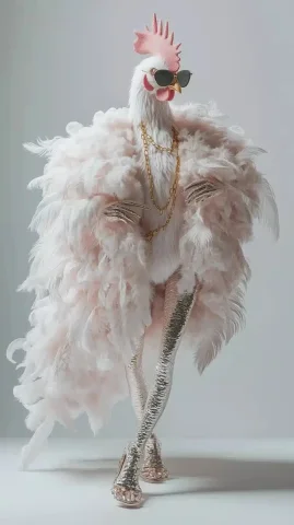 Fashionable Chicken in 3D — Midjourney v6 AI Prompt: A highly detailed 3D-rendered image of an **ultra-stylish, comically fashionable...