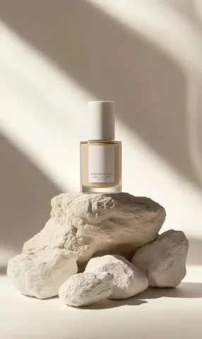 Liquid Foundation Still Life — Midjourney v6 AI Prompt: A bottle of light liquid foundation, placed between two white rocks in front of...