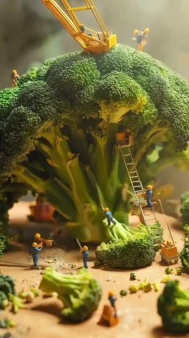Miniature Workers Tending Broccoli — Midjourney v6 AI Prompt: A giant broccoli crown, where tiny workers are trimming and arranging the floret...