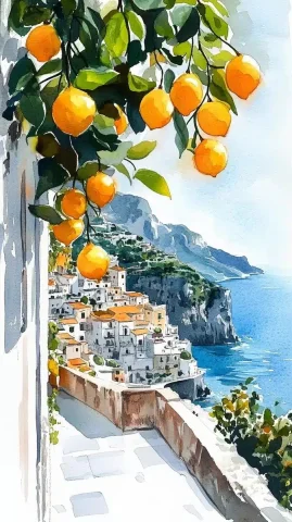 Amalfi Coast Watercolor Minimalism — Midjourney v6 AI Prompt: The Amalfi coastline in Italy features watercolor illustrations of Miknos and le...