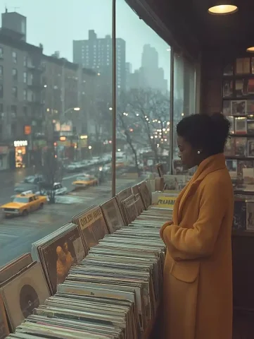 Seventies Street Photography Blurred Record Shop — Midjourney v6 AI Prompt: seventies, street photography, softly blurred, american shot , black woman in a...